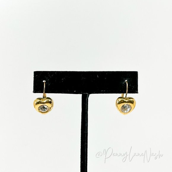 Vintage Jewelry - Vintage Golden Heart with Rhinestone Earrings Lever Back Earrings